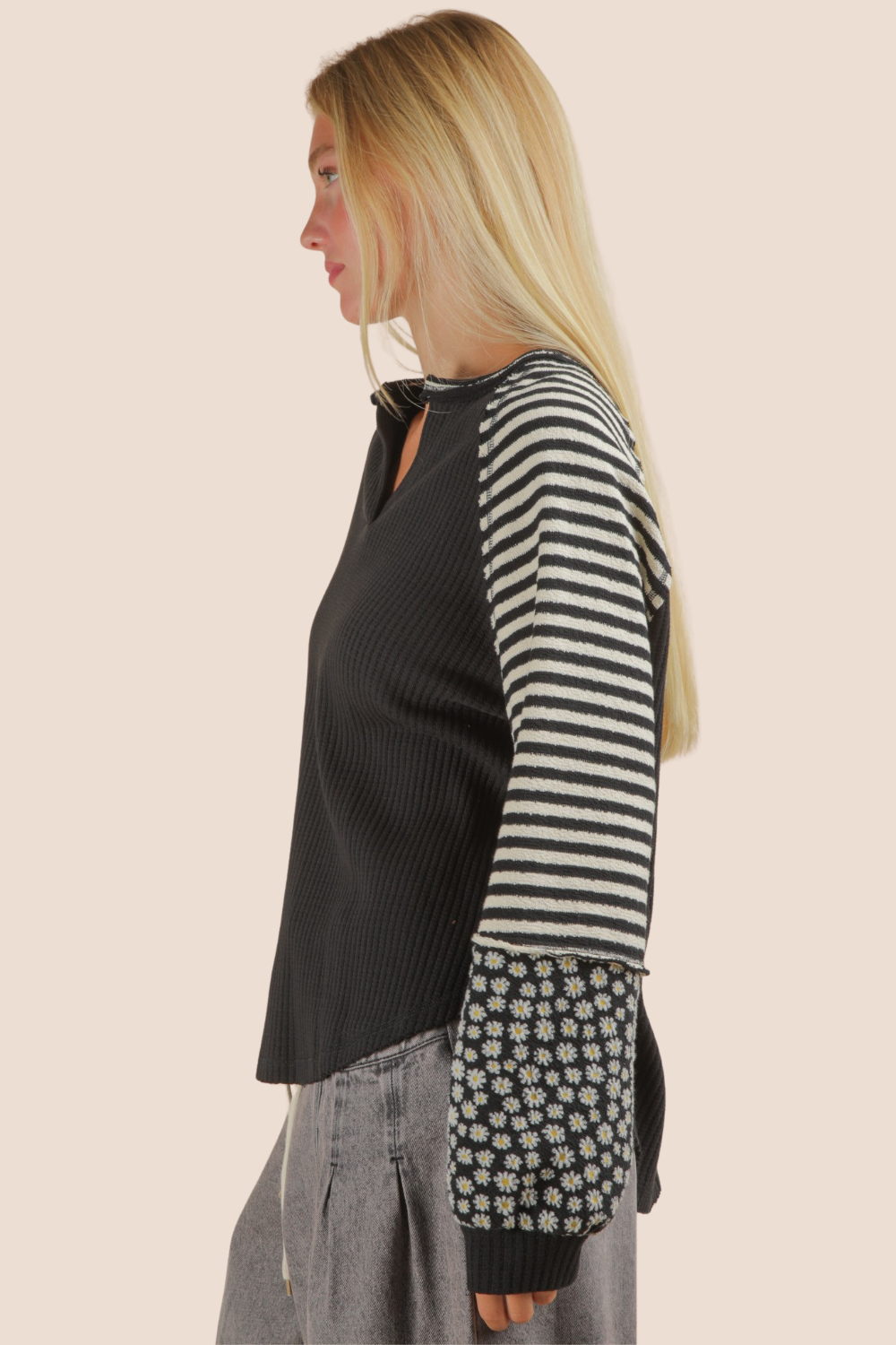 Kelsey Oversized Floral & Stripe Casual Knit Long Sleeve Top