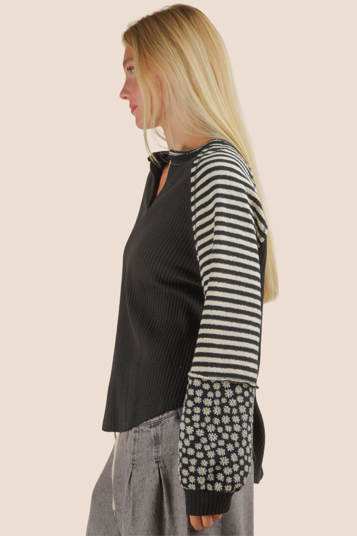 Kelsey Oversized Floral & Stripe Casual Knit Long Sleeve Top