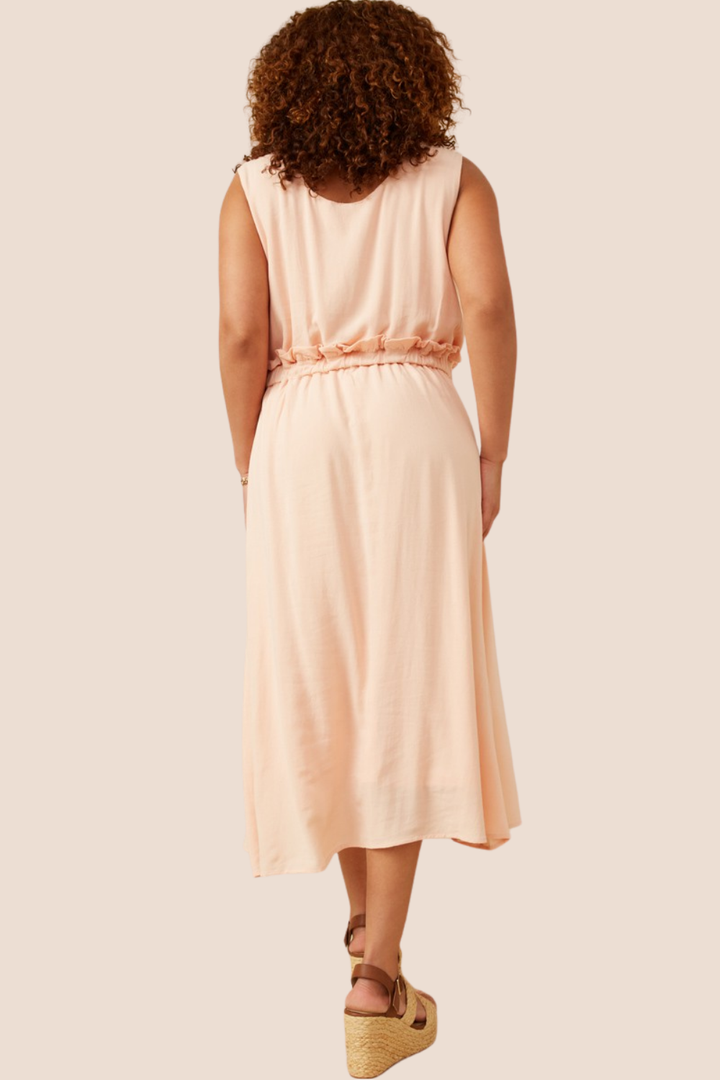 Amora Ruffle Waist Button Front Midi Dress