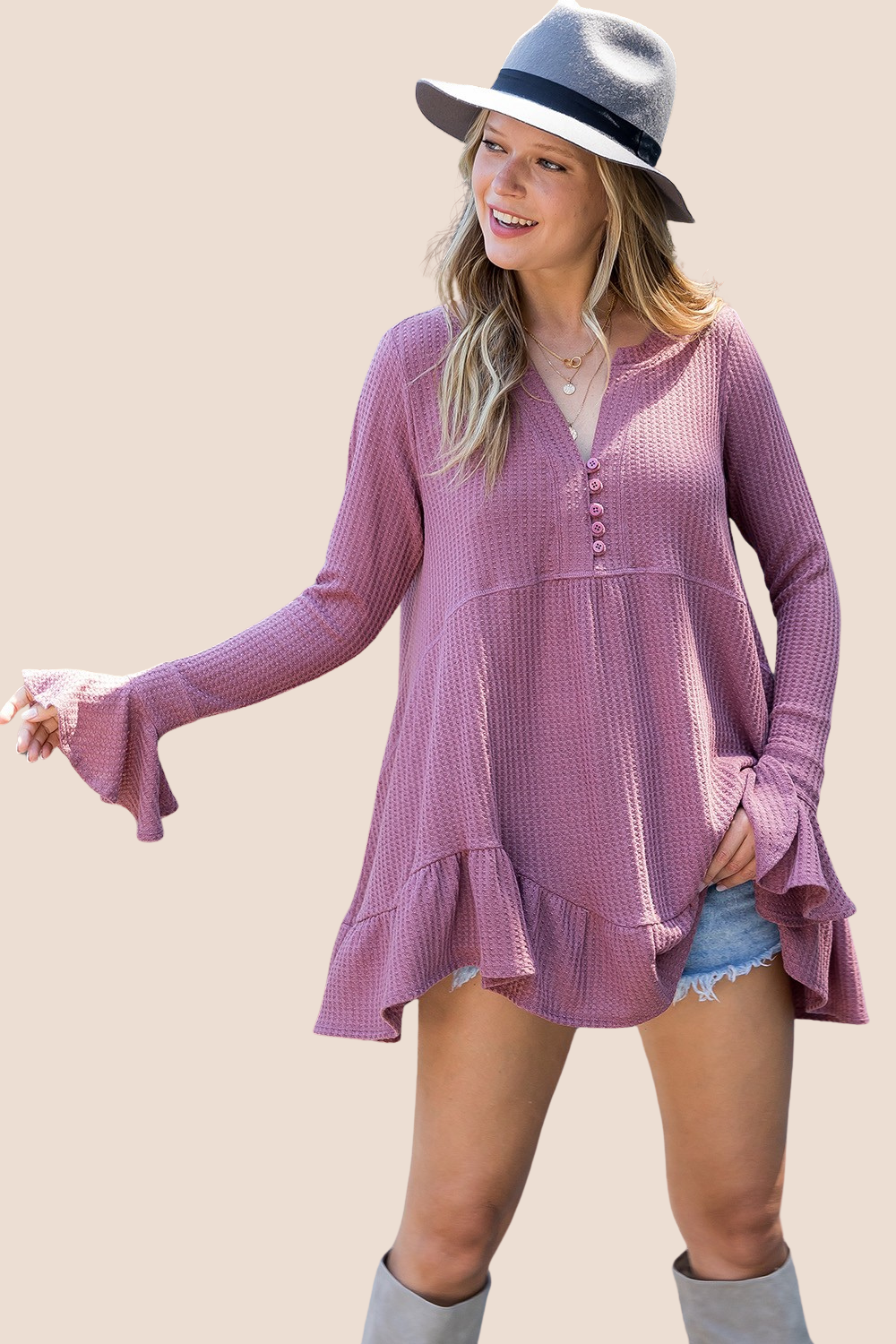 Collins Waffle Flare Long Sleeve Top
