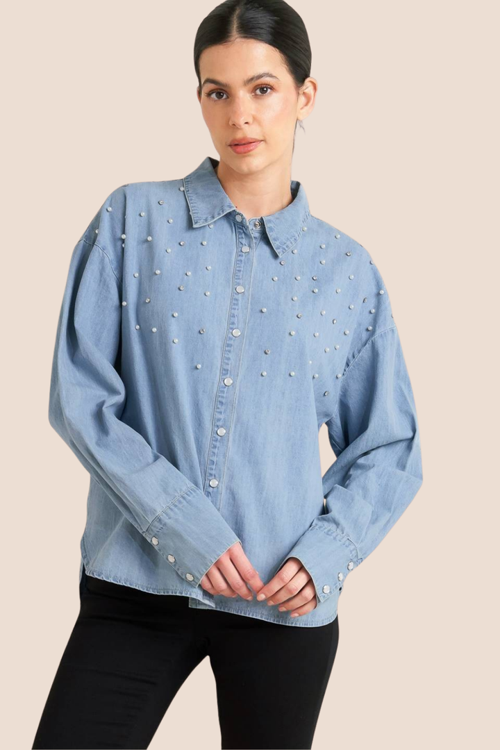 Valerie Chambray Shirt with Pearl Embellishments