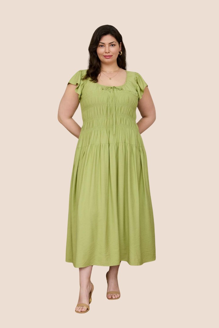 Journee Shirred Bodice Ruffle Sleeve Midi Dress