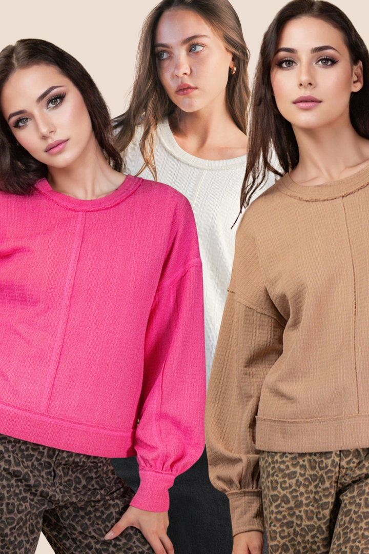 Grace Raw Edge Detail Oversized Textured Knit Long Sleeve Top