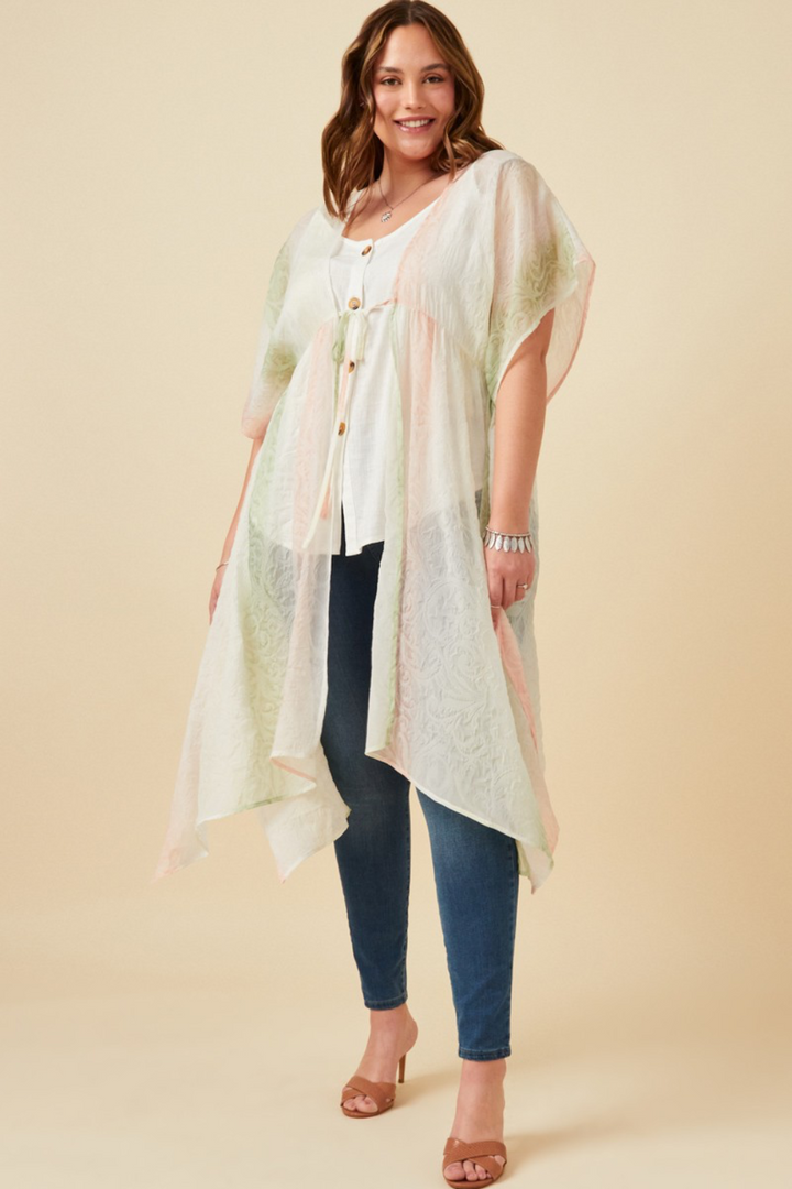 Beatrice Ombre Printed Chiffon Flowy Kimono With Tie Closure in Blush