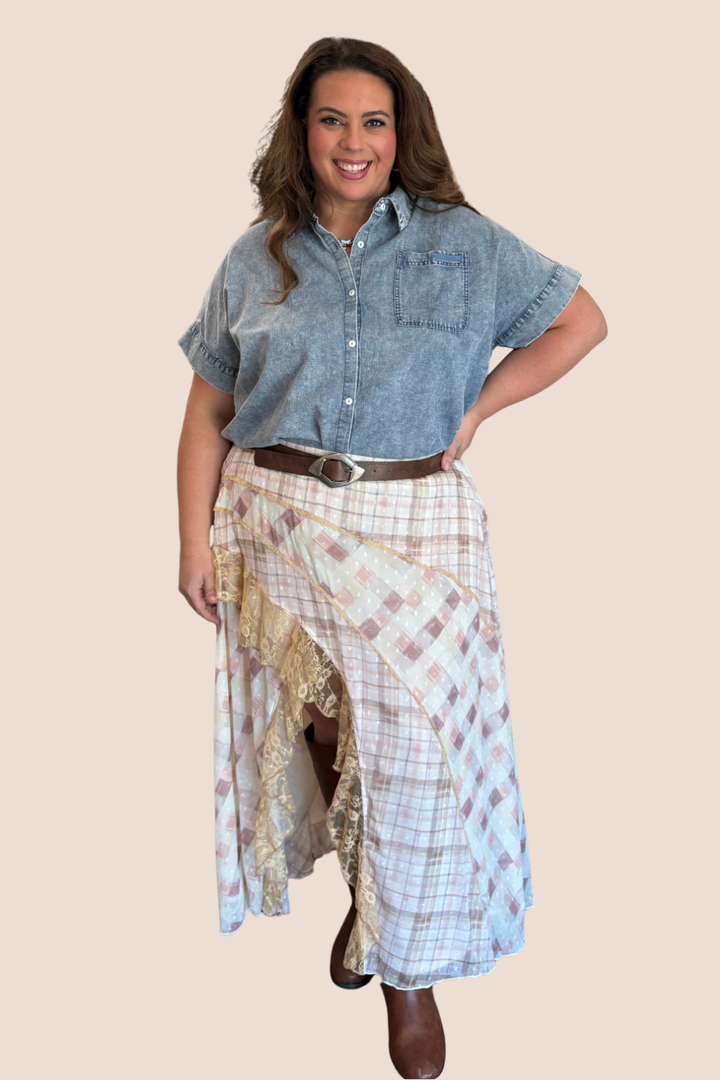 Hattie Mixed Pattern Midi Skirt with Side Slit