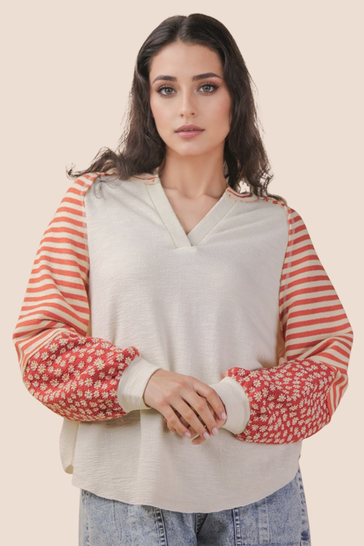 Kelsey Oversized Floral & Stripe Casual Knit Long Sleeve Top