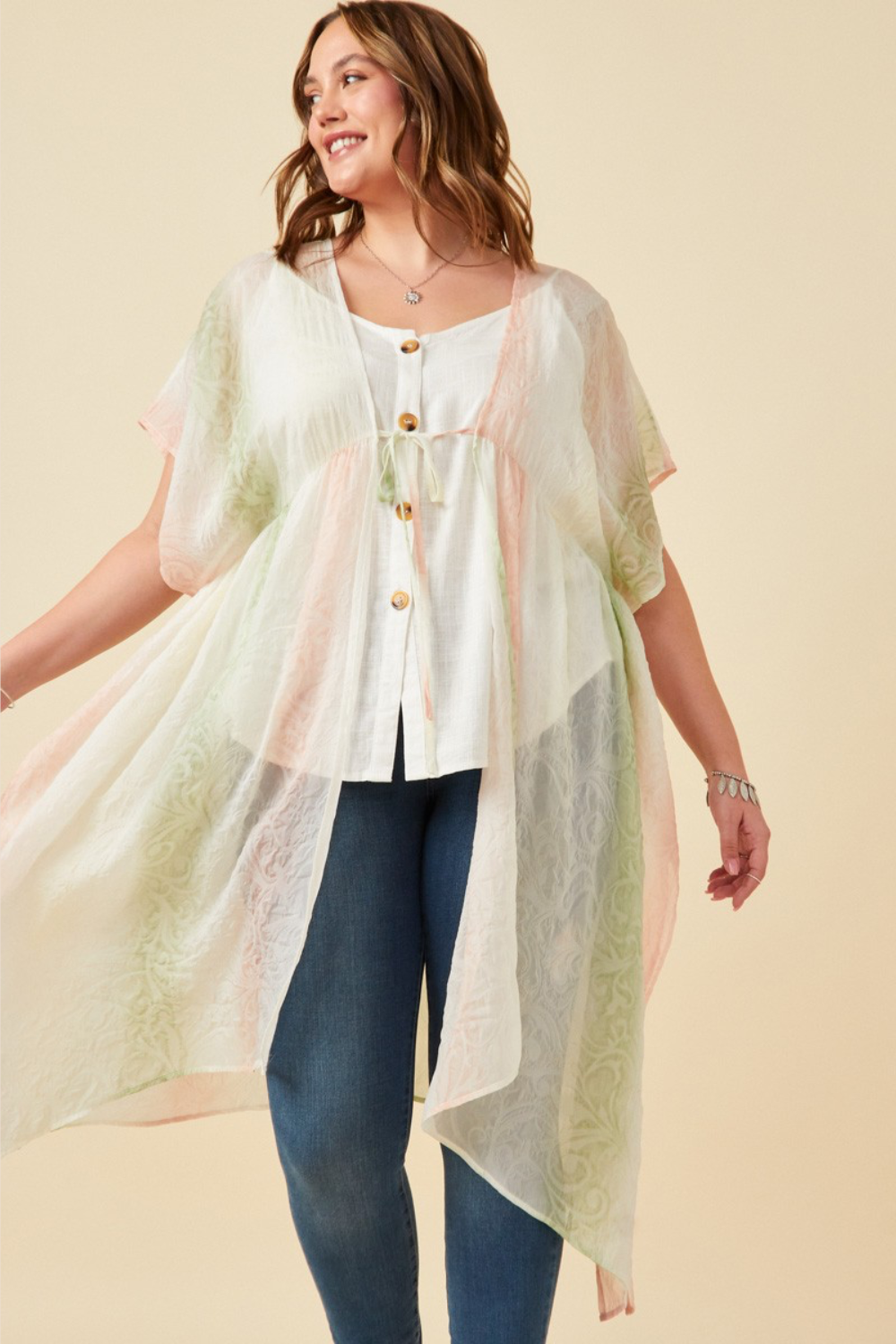 Beatrice Ombre Printed Chiffon Flowy Kimono With Tie Closure in Blush