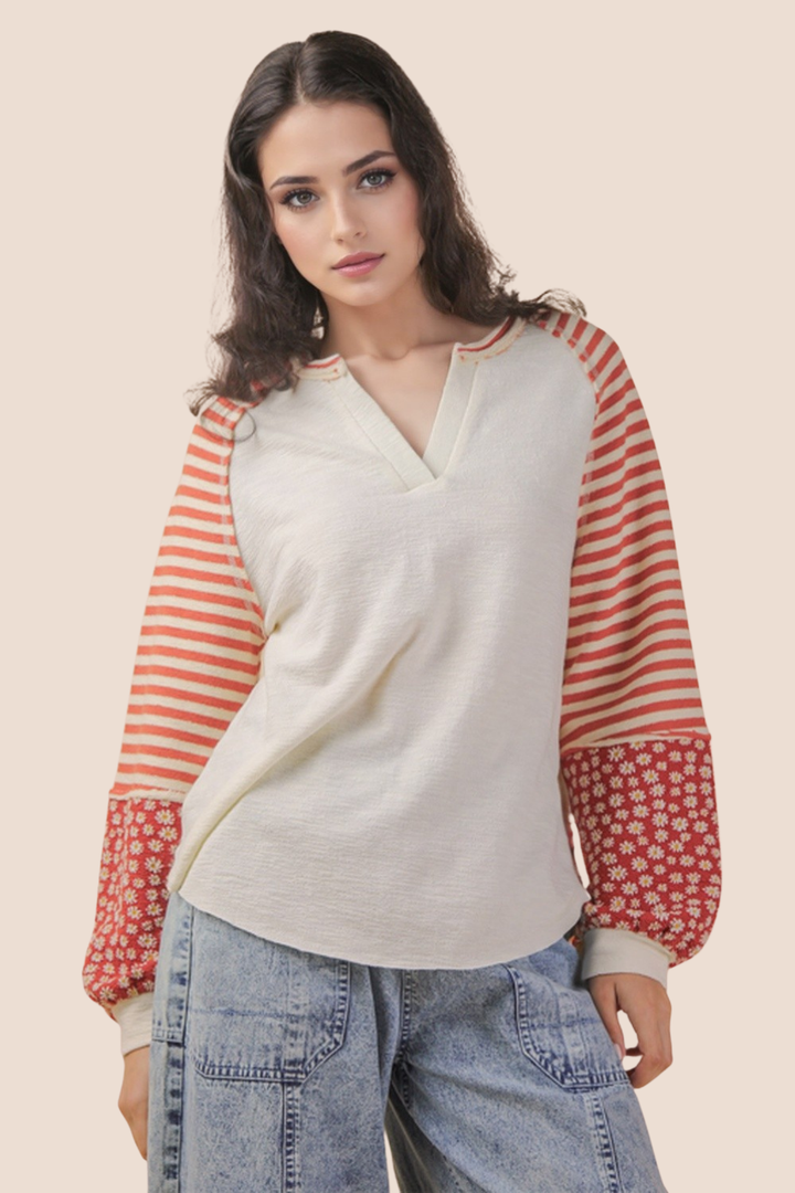 Kelsey Oversized Floral & Stripe Casual Knit Long Sleeve Top