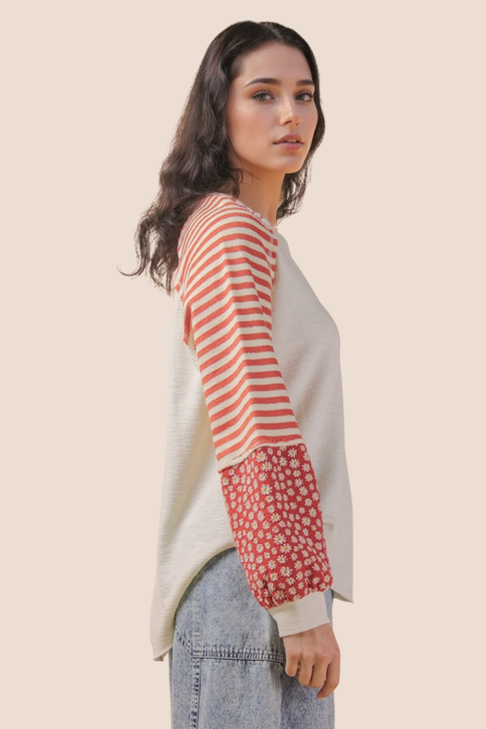 Kelsey Oversized Floral & Stripe Casual Knit Long Sleeve Top