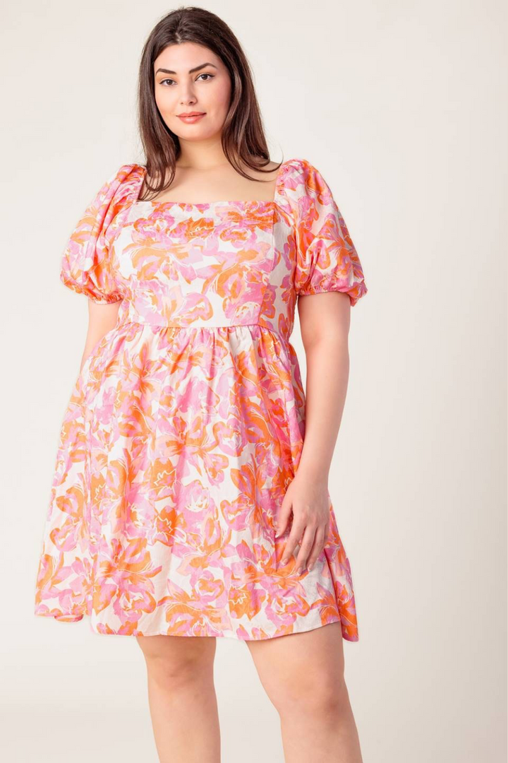 Paloma Woven Square Neck Short Sleeve Dress in Pink Floral