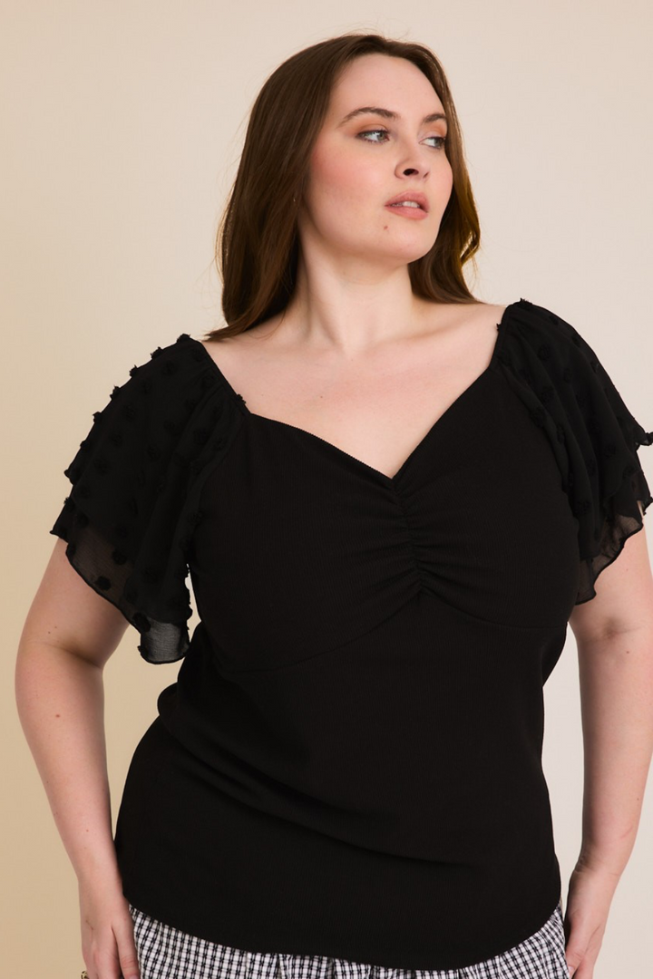 Eloise Sweetheart Neckline Ruffle Short Sleeve Top in Black