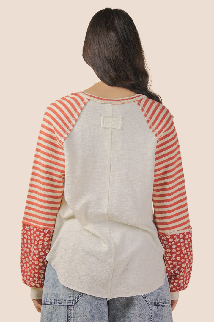 Kelsey Oversized Floral & Stripe Casual Knit Long Sleeve Top