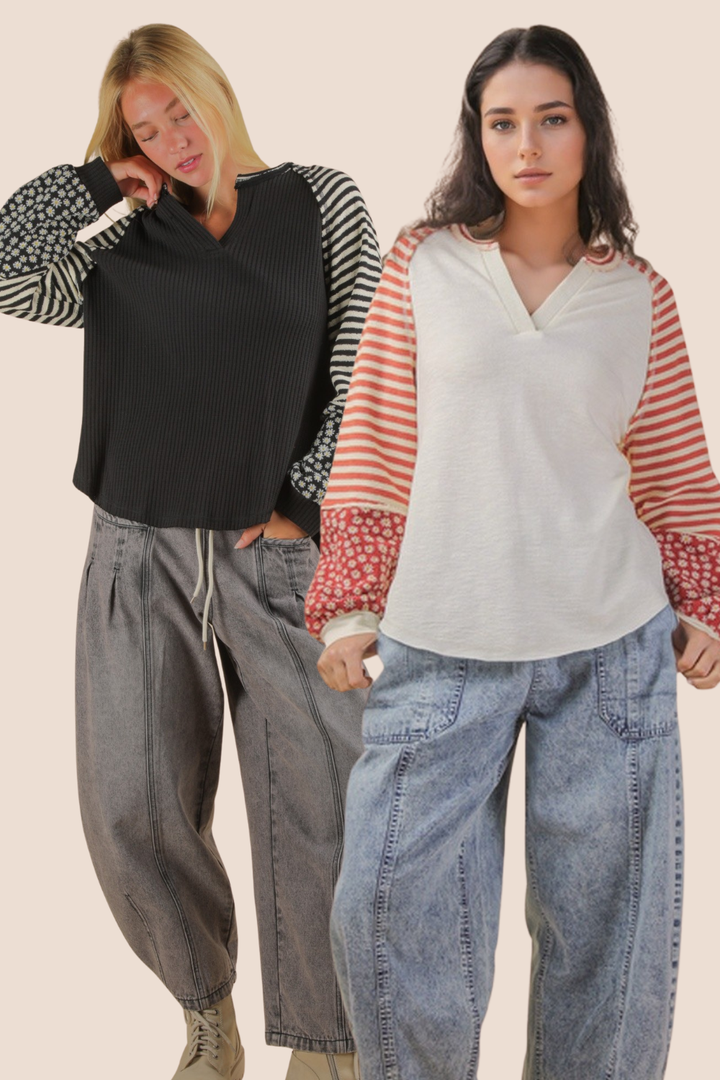 Kelsey Oversized Floral & Stripe Casual Knit Long Sleeve Top