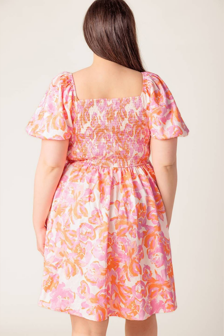 Paloma Woven Square Neck Short Sleeve Dress in Pink Floral