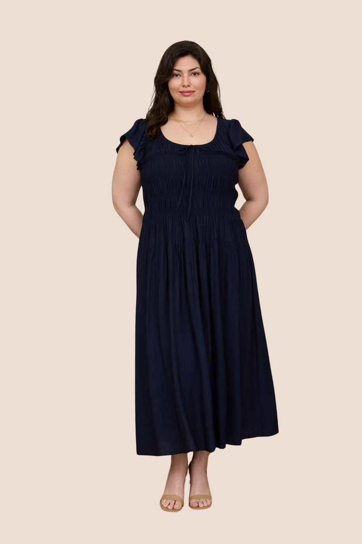 Journee Shirred Bodice Ruffle Sleeve Midi Dress