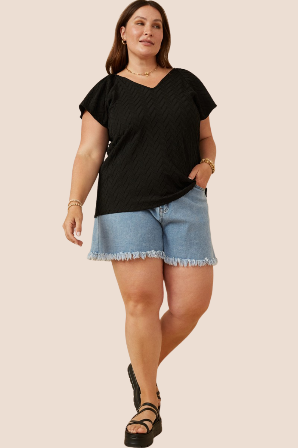 Giselle Textured Short Sleeve V-Neck Top