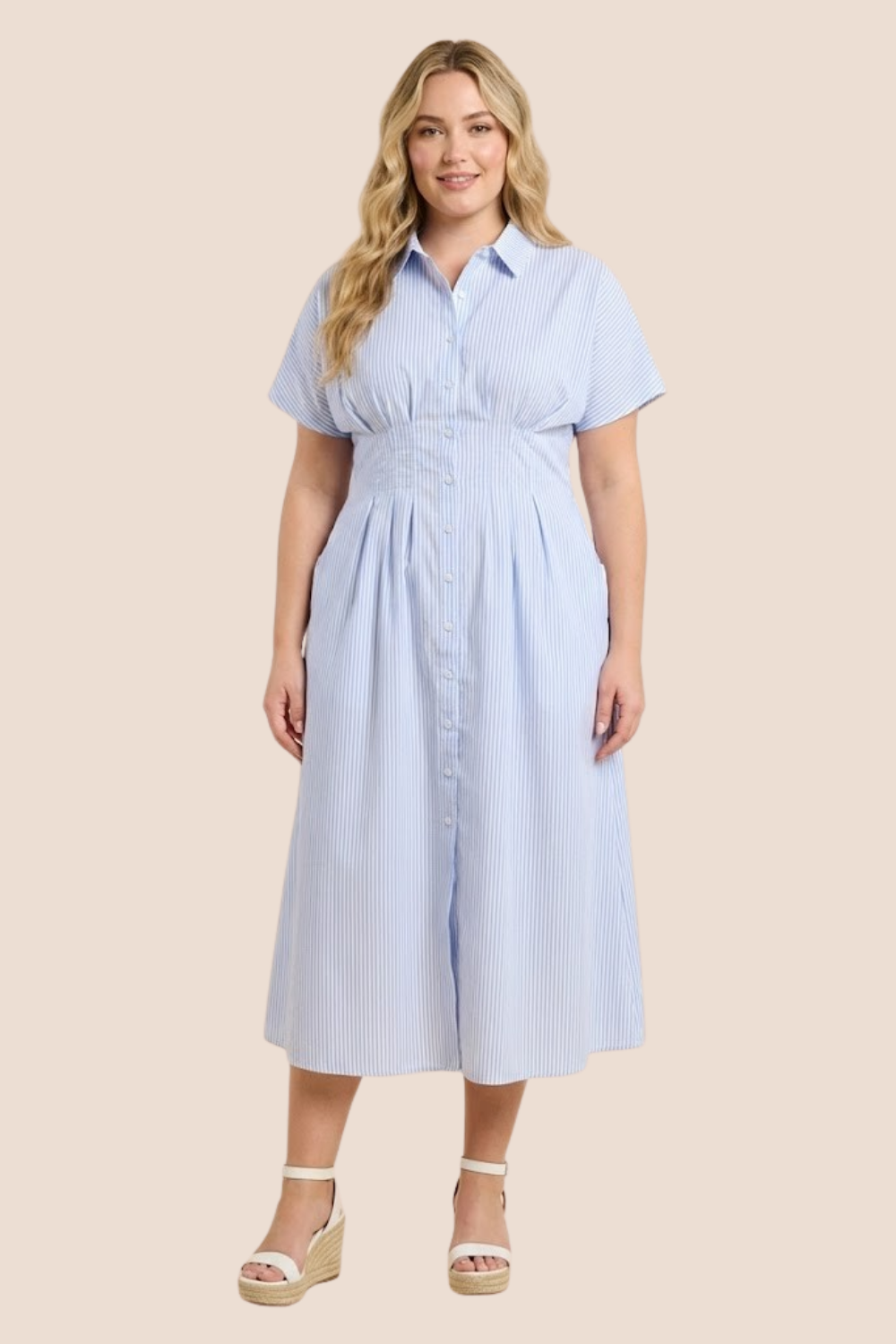 Willa Button Down Pintucked Waist Midi Dress