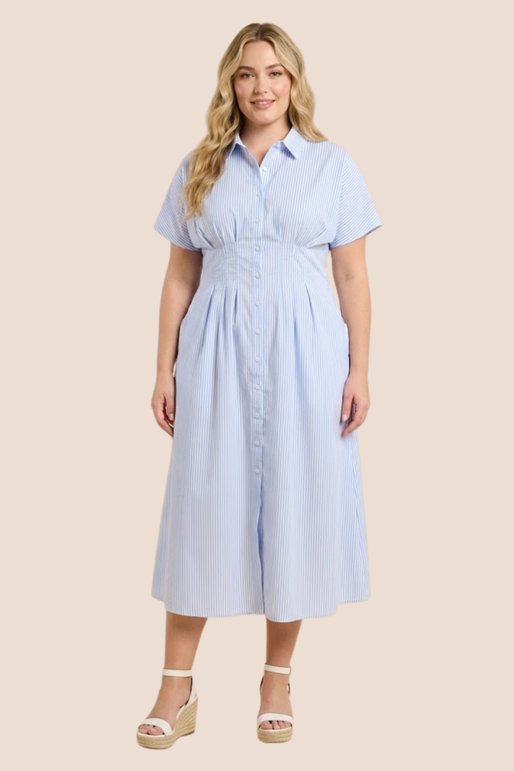 Willa Button Down Pintucked Waist Midi Dress
