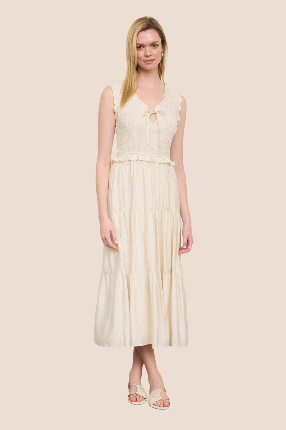Demi Smocked Front Tie Ruffled Tiered Midi Dress
