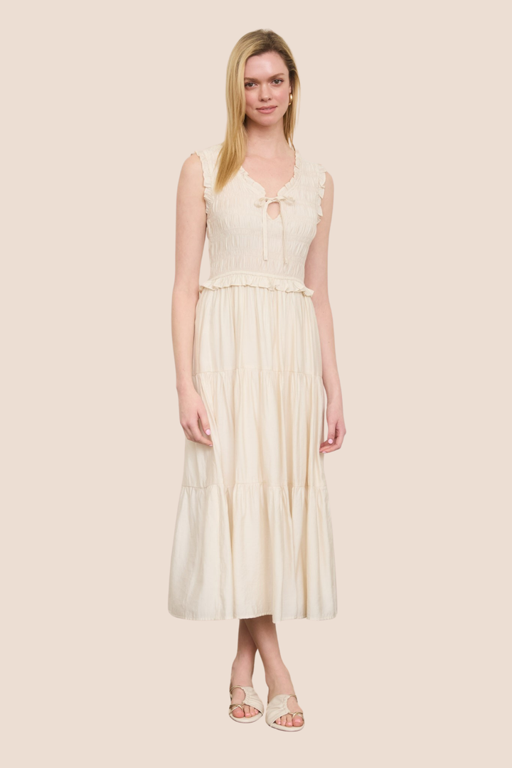 Demi Smocked Front Tie Ruffled Tiered Midi Dress