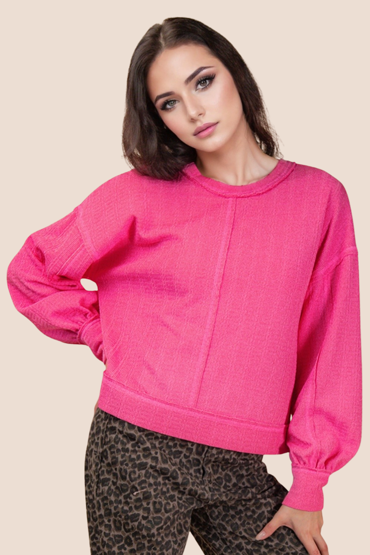 Grace Raw Edge Detail Oversized Textured Knit Long Sleeve Top