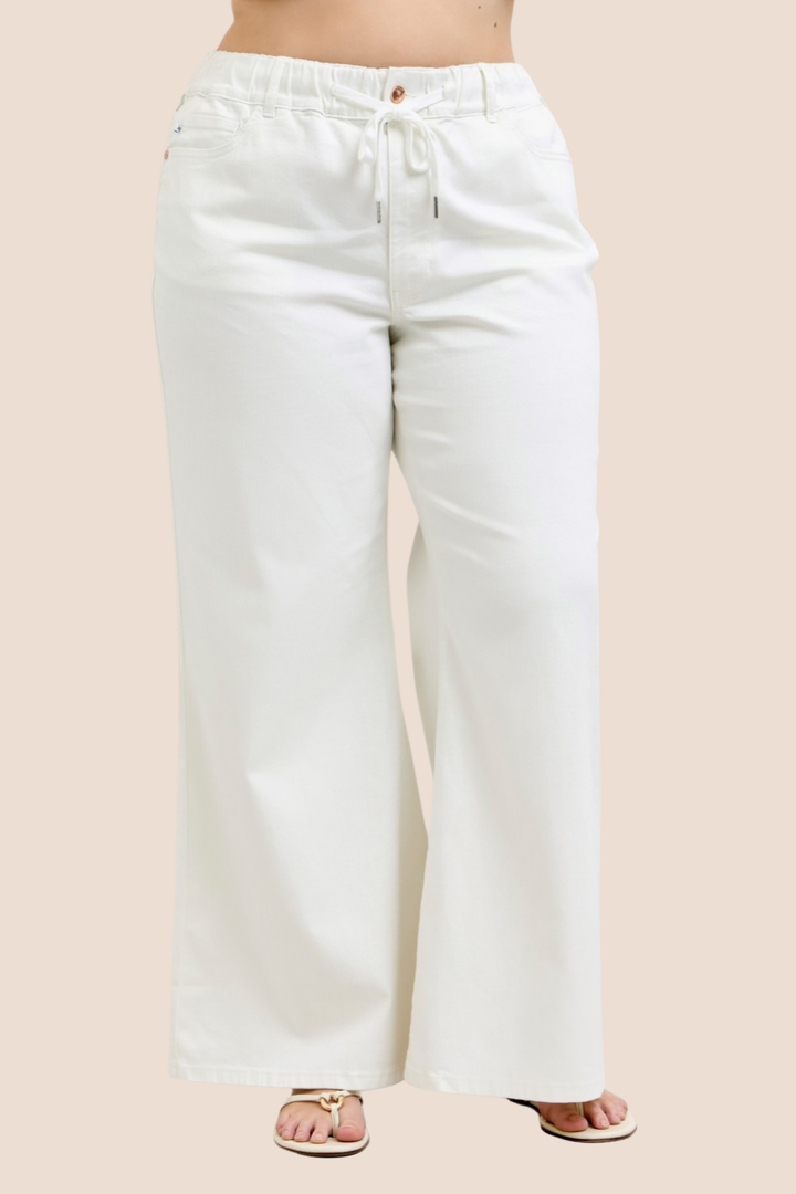 Saylor High Waisted Elastic Waistband White Palazzo Judy Blue Jeans