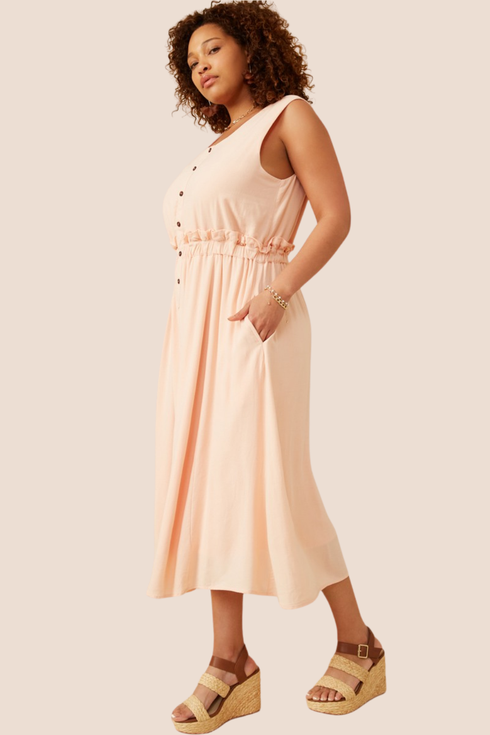 Amora Ruffle Waist Button Front Midi Dress