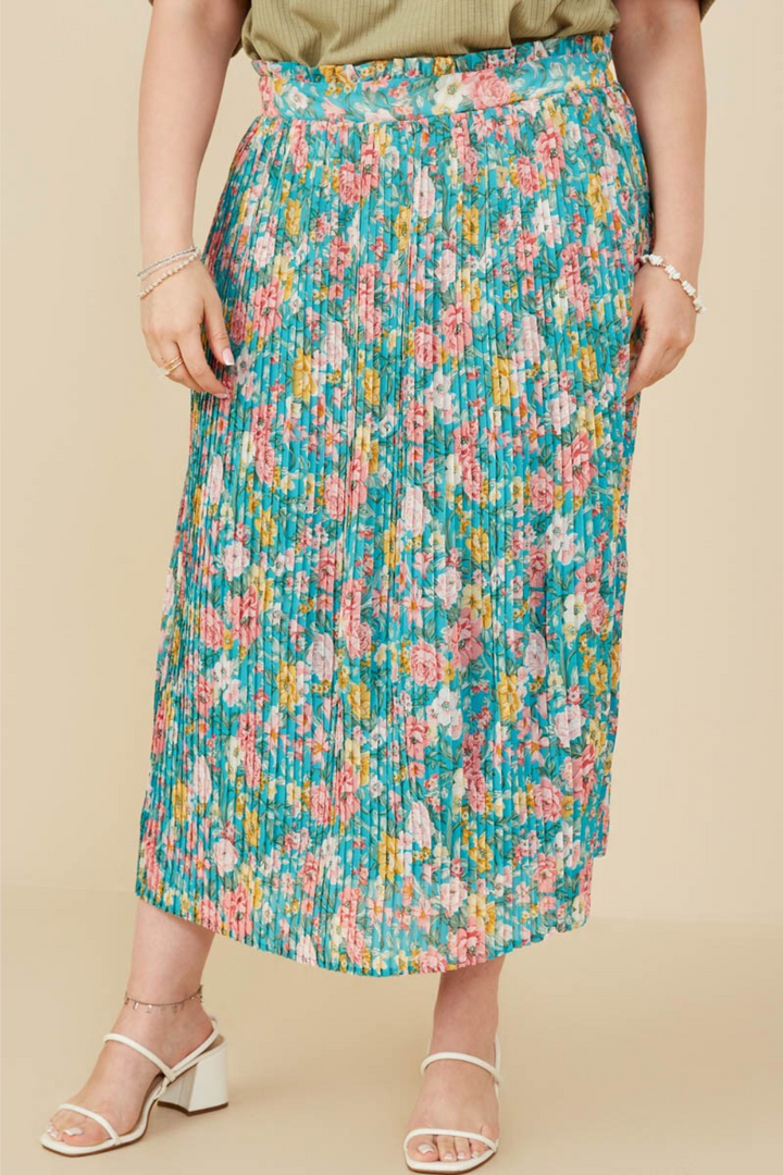 Eden Floral Print Pleated Ruffle Waist Skirt in Teal Floral