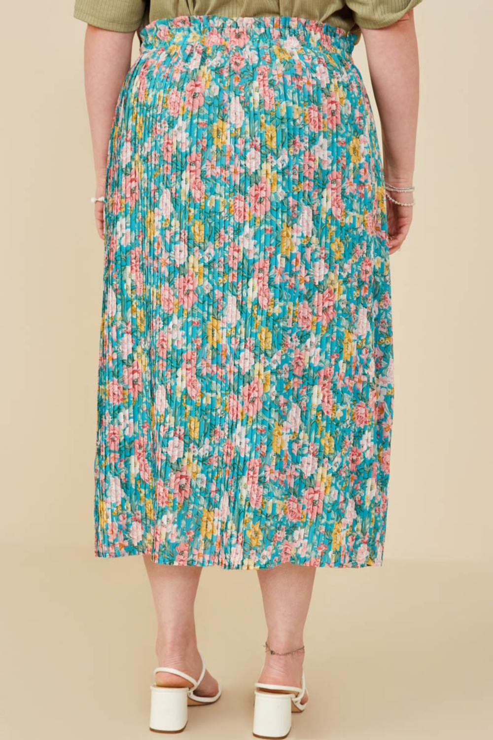 Eden Floral Print Pleated Ruffle Waist Skirt in Teal Floral