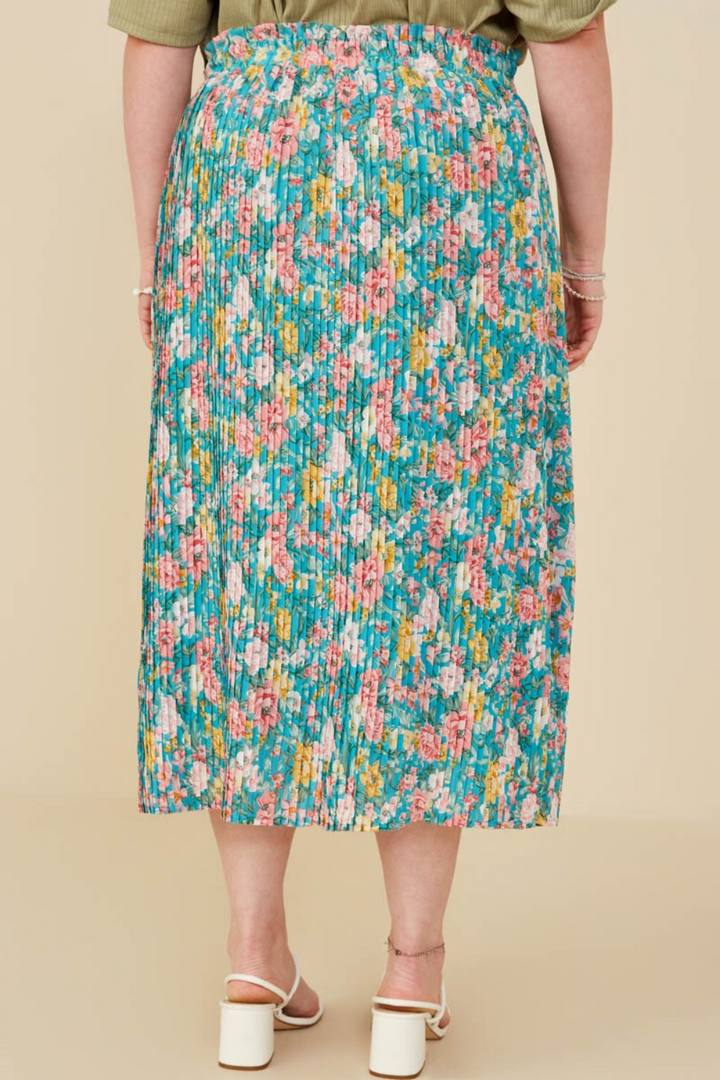 Eden Floral Print Pleated Ruffle Waist Skirt in Teal Floral