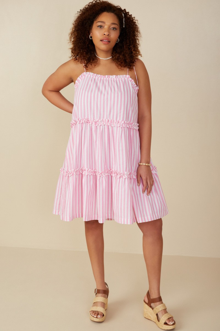 Mabel Ruffle Trimmed Poplin Stripe Dress in Pink