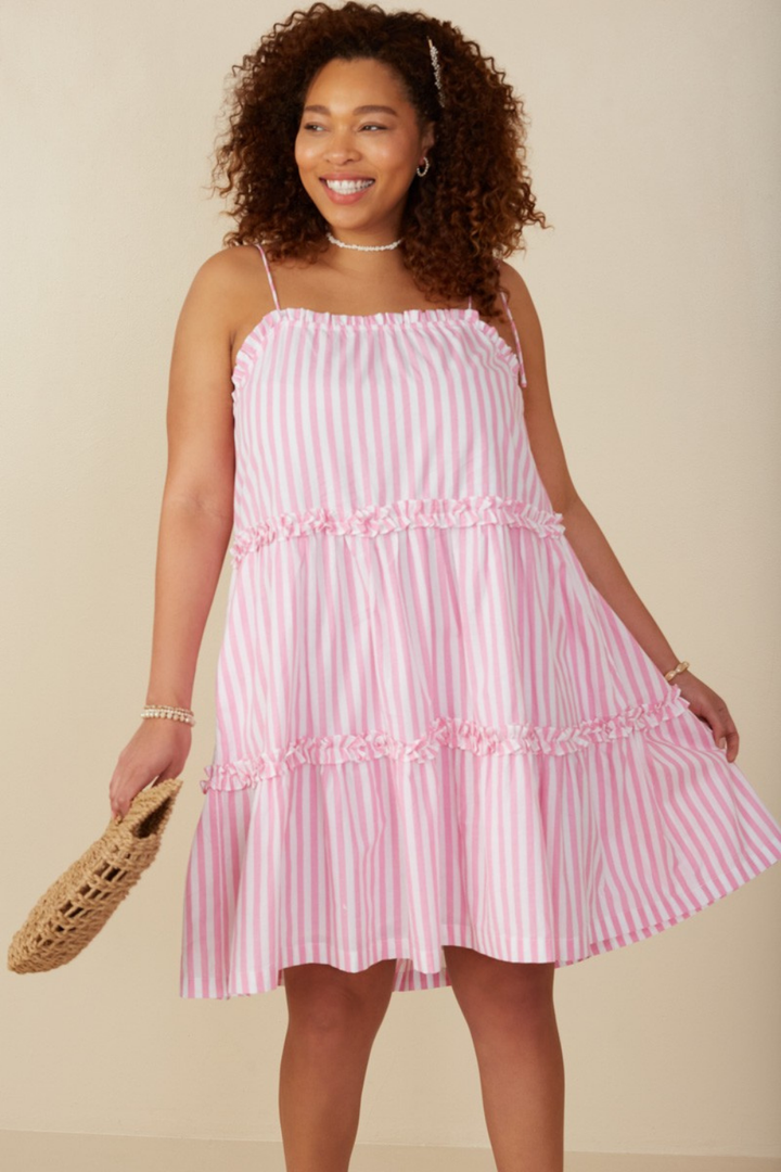 Mabel Ruffle Trimmed Poplin Stripe Dress in Pink