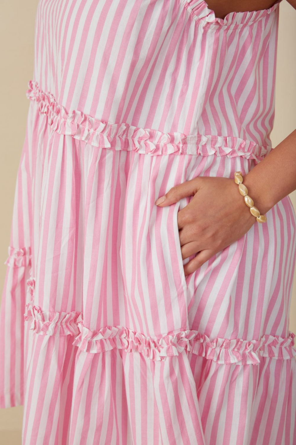 Mabel Ruffle Trimmed Poplin Stripe Dress in Pink