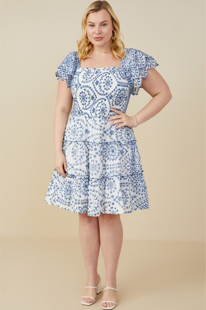 Jolie Eyelet Embroidered Scalloped Ruffled Dress in Blue