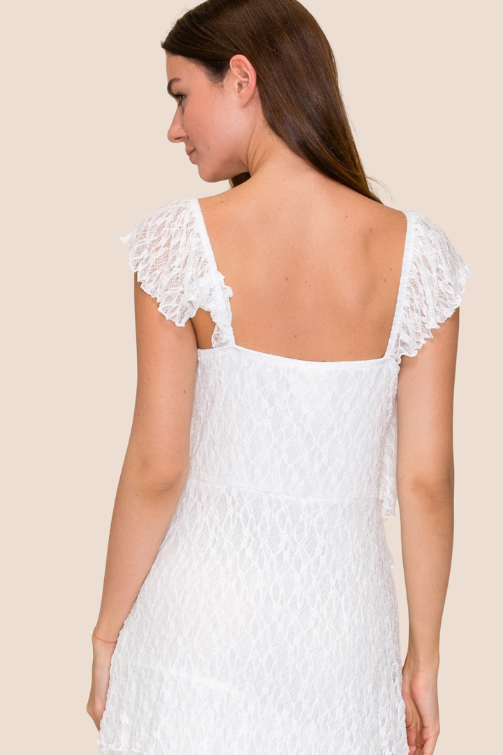 Stevie Lace Asymmetrical Midi Dress with Cap Sleeves