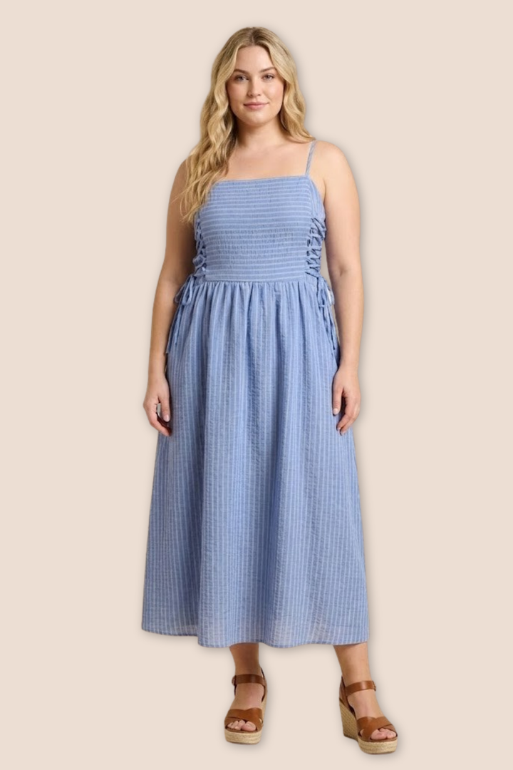Elise Lace Up Tie Detail Striped Tank Midi Dress