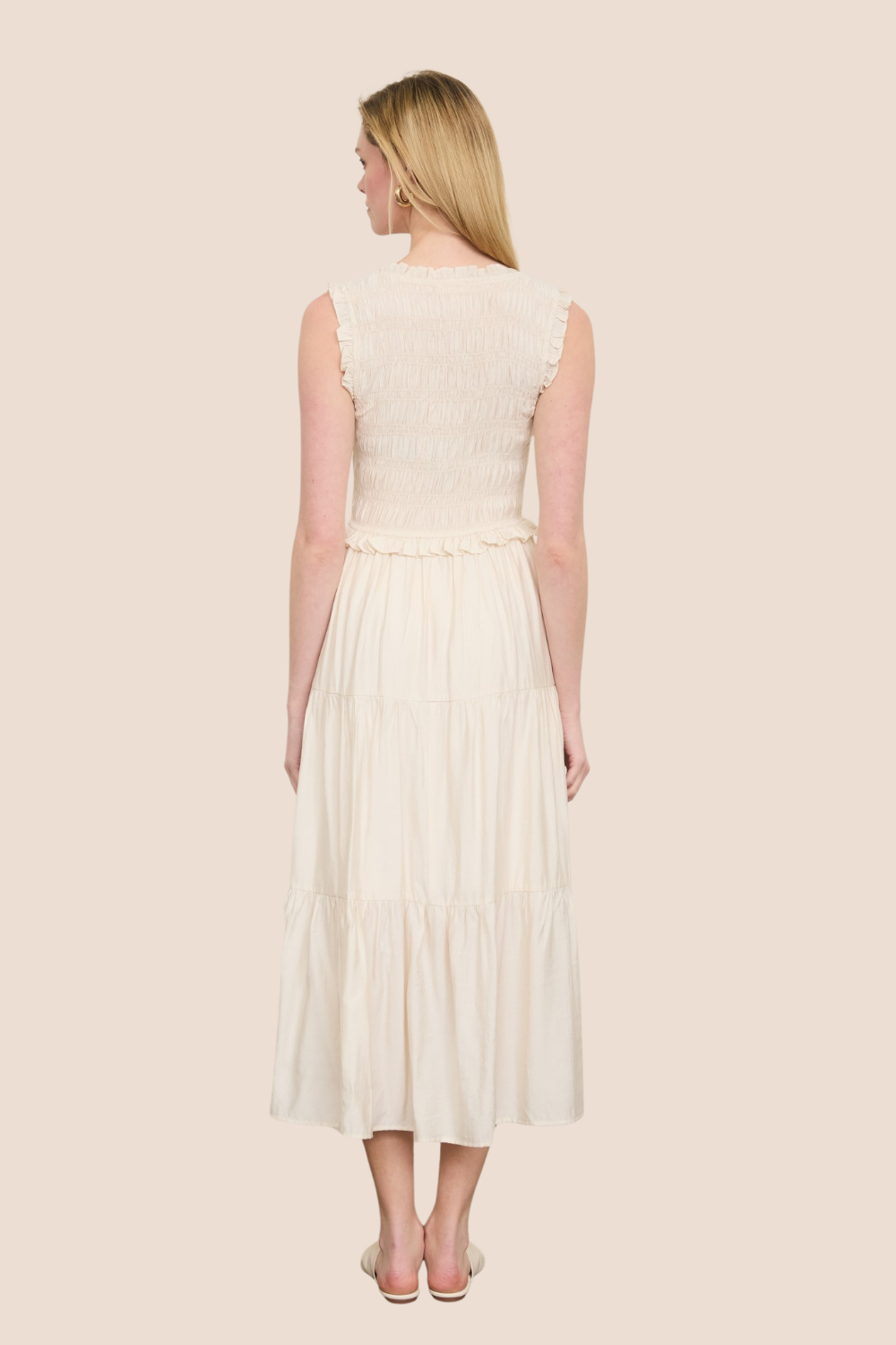 Demi Smocked Front Tie Ruffled Tiered Midi Dress