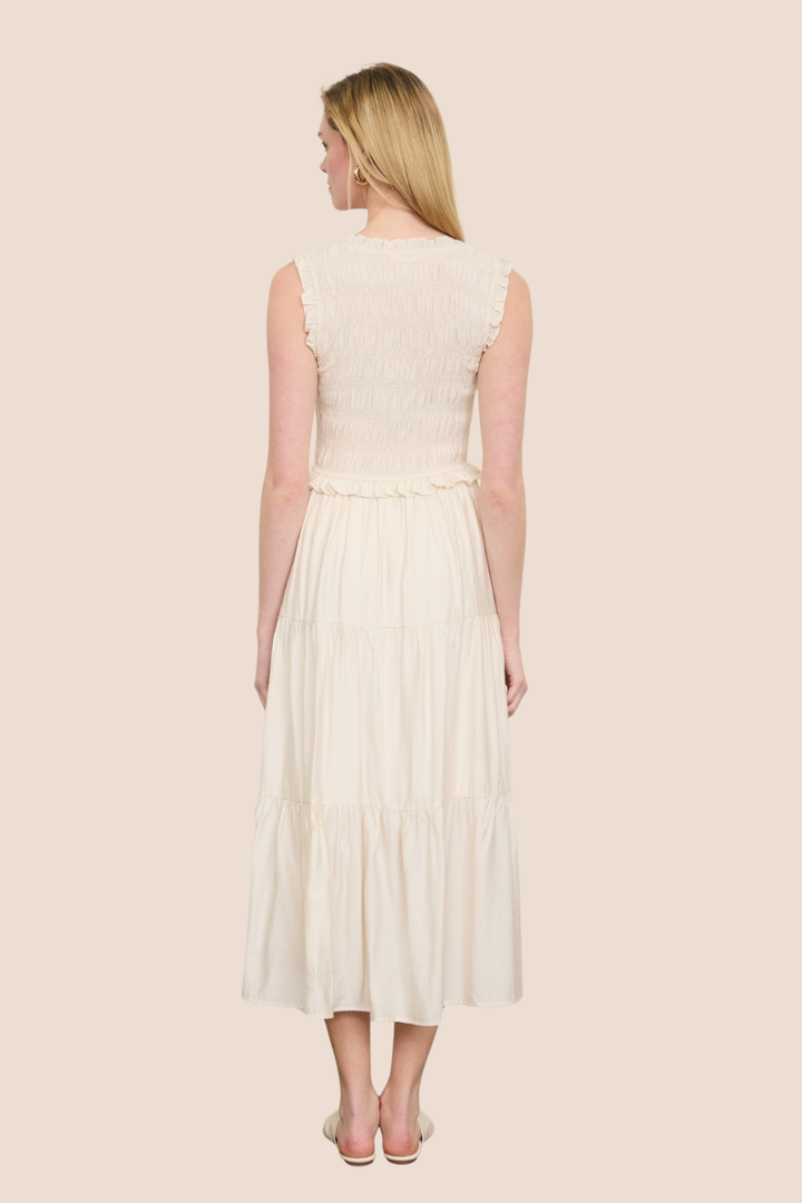 Demi Smocked Front Tie Ruffled Tiered Midi Dress