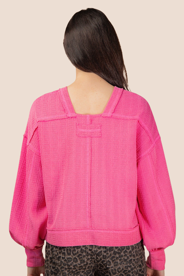 Grace Raw Edge Detail Oversized Textured Knit Long Sleeve Top