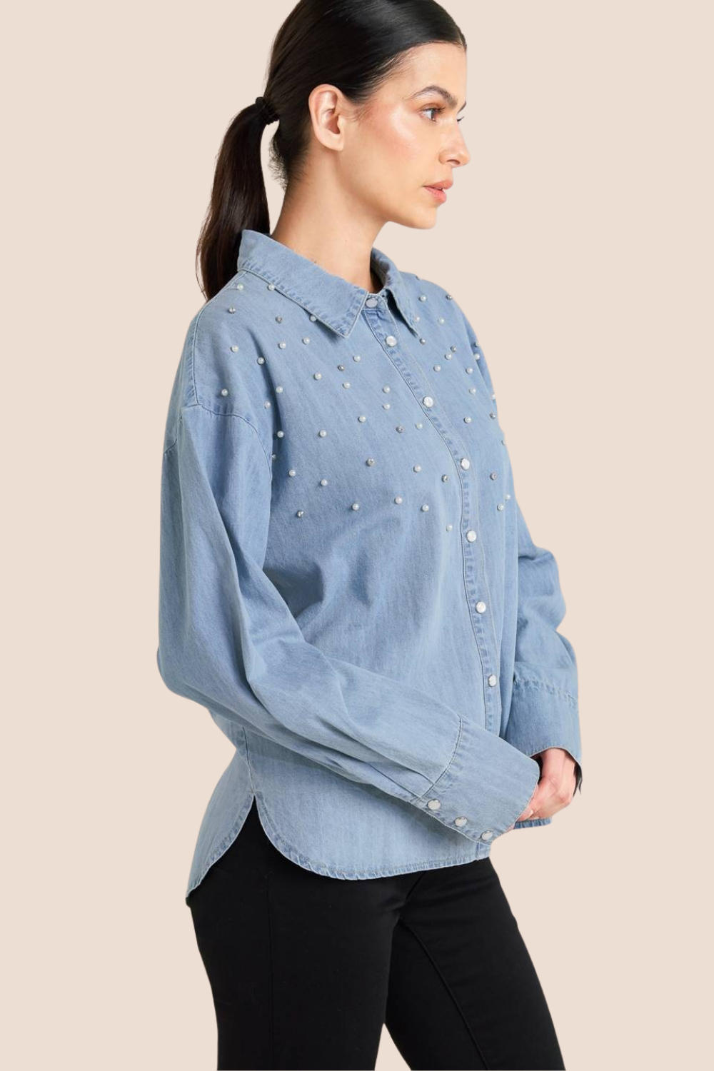 Valerie Chambray Shirt with Pearl Embellishments