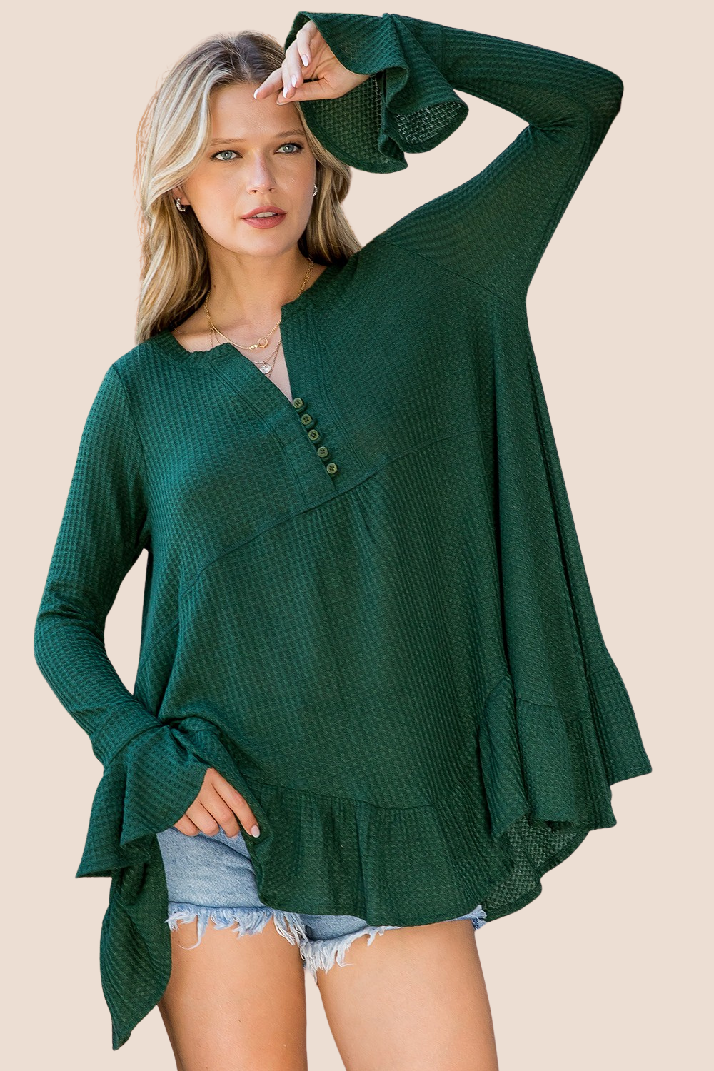 Collins Waffle Flare Long Sleeve Top