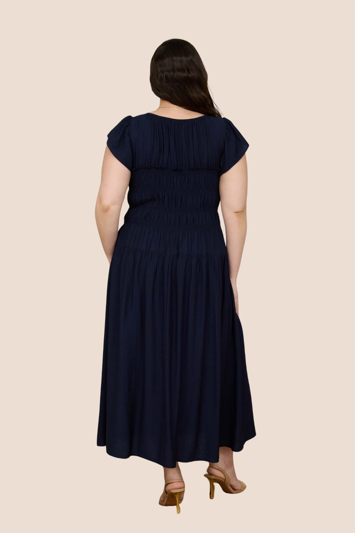 Journee Shirred Bodice Ruffle Sleeve Midi Dress
