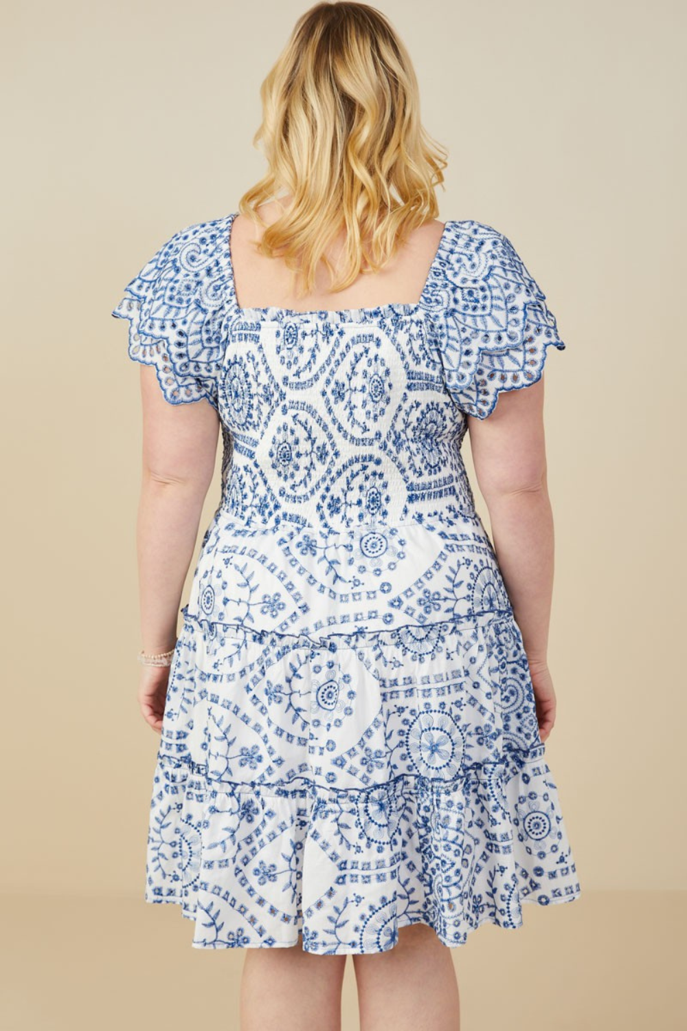 Jolie Eyelet Embroidered Scalloped Ruffled Dress in Blue