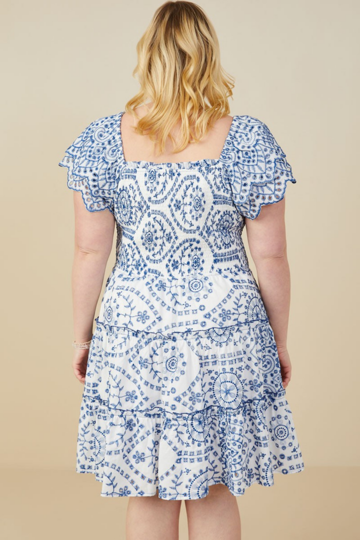 Jolie Eyelet Embroidered Scalloped Ruffled Dress in Blue