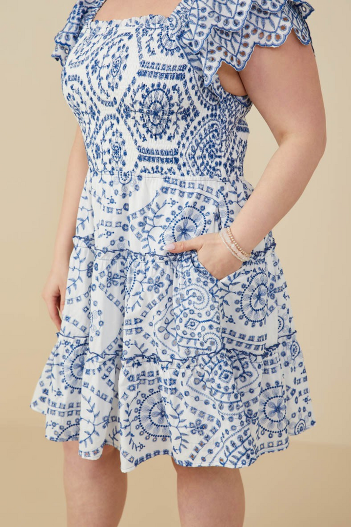 Jolie Eyelet Embroidered Scalloped Ruffled Dress in Blue