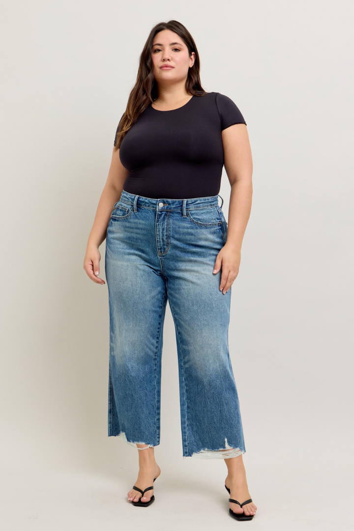 Wren High Waisted Rigid Magic Distressed Crop Wide Leg Judy Blue Jeans