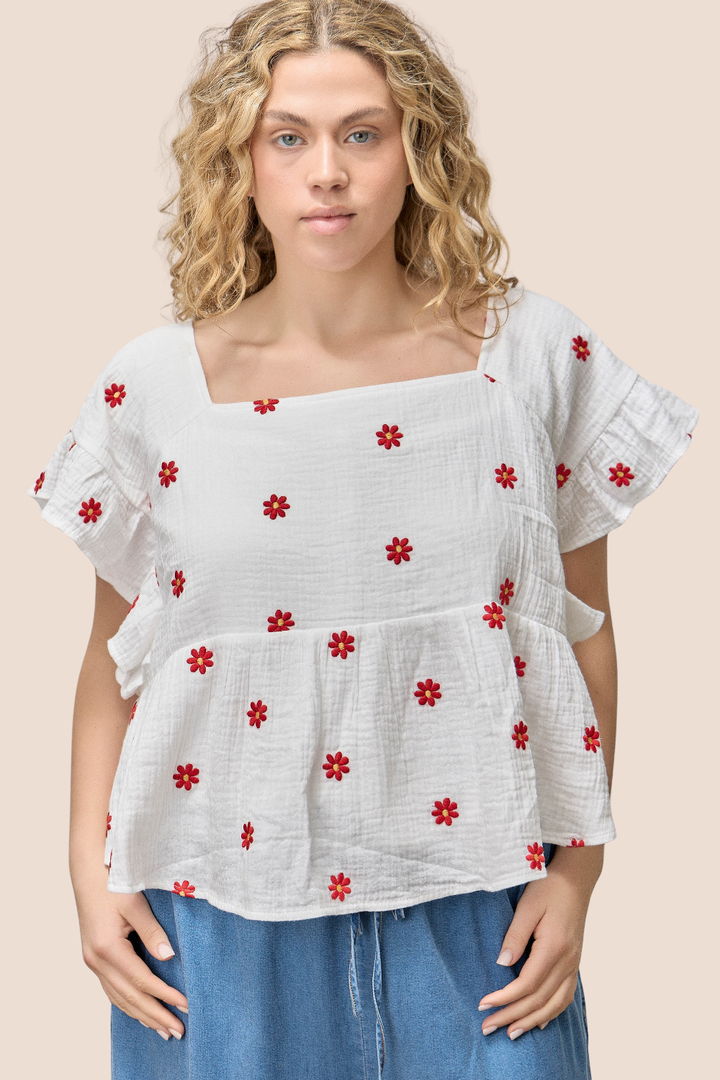 Parker Flower Embroidered Square Neck Short Sleeve Top