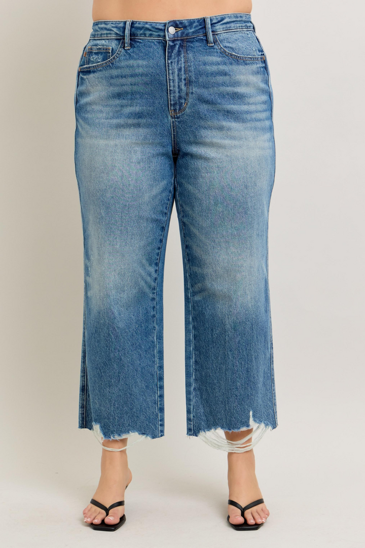 Wren High Waisted Rigid Magic Distressed Crop Wide Leg Judy Blue Jeans