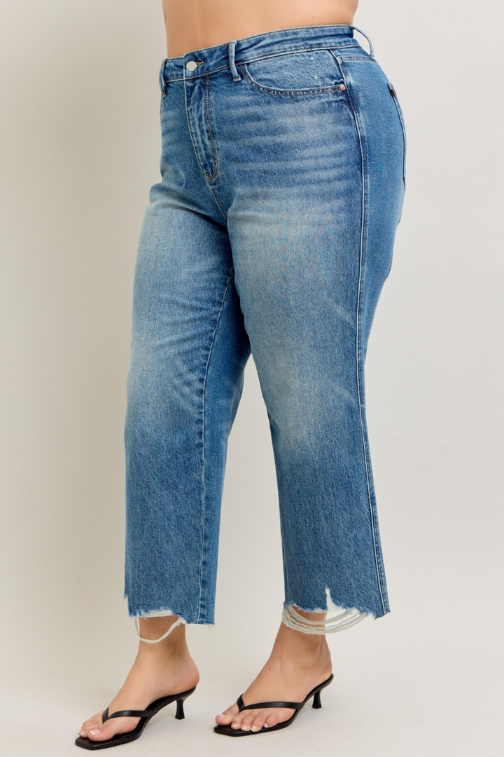 Wren High Waisted Rigid Magic Distressed Crop Wide Leg Judy Blue Jeans
