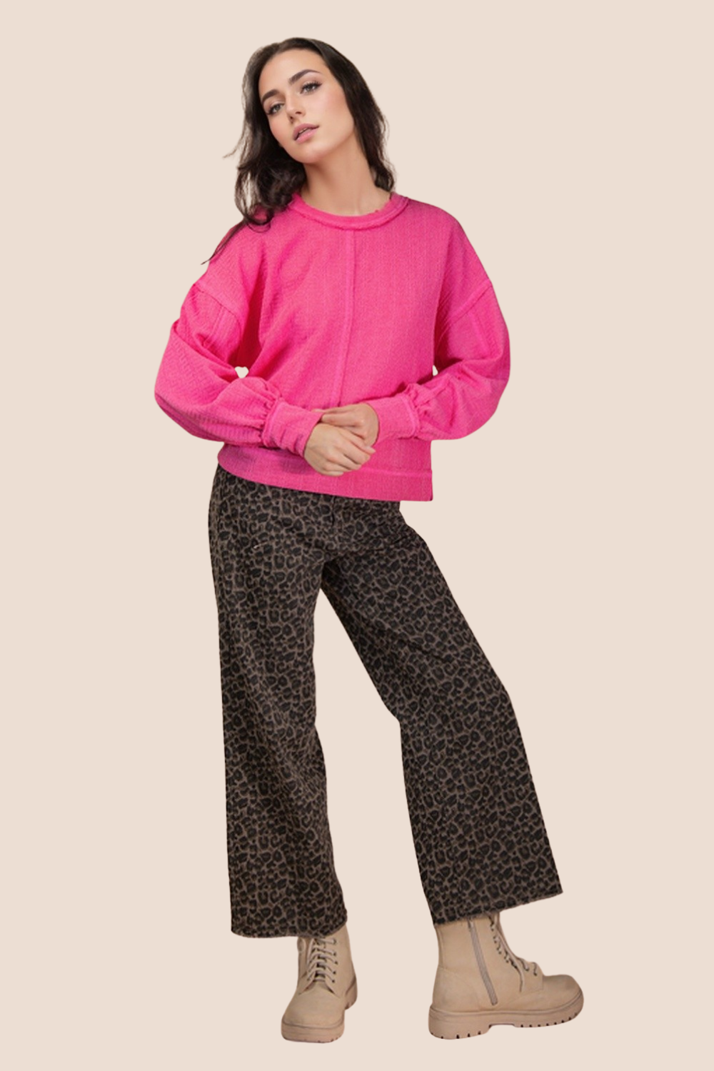 Grace Raw Edge Detail Oversized Textured Knit Long Sleeve Top